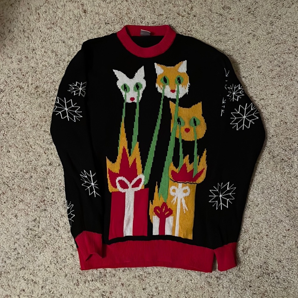 Cat Laser Beam Fire Snowflake Ugly Christmas Sweater - Used